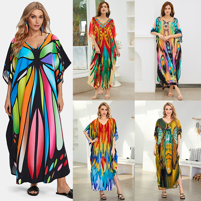 Rayon Printed Loose plus Size Robe Beach Cover up Vacation Maxi Dress Sun Protection Shirt Women