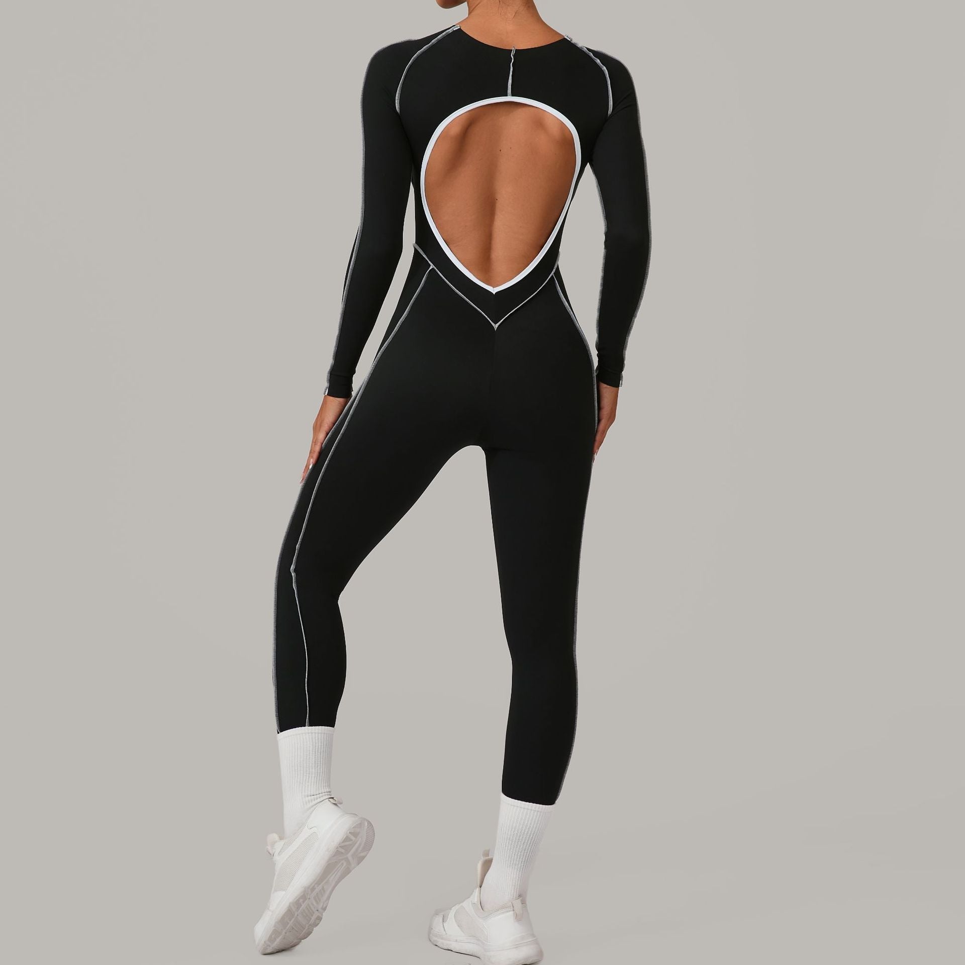Three Dimensional Cut Color Matching Long Sleeve Yoga Jumpsuit High Strength Fitness Sports One Piece Tights