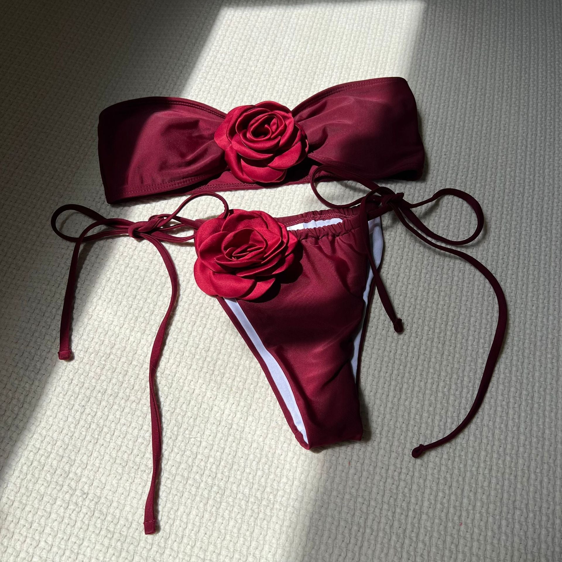 Solid Color Rose Tube Top Drawstring Strap Split Swimsuit Bikini