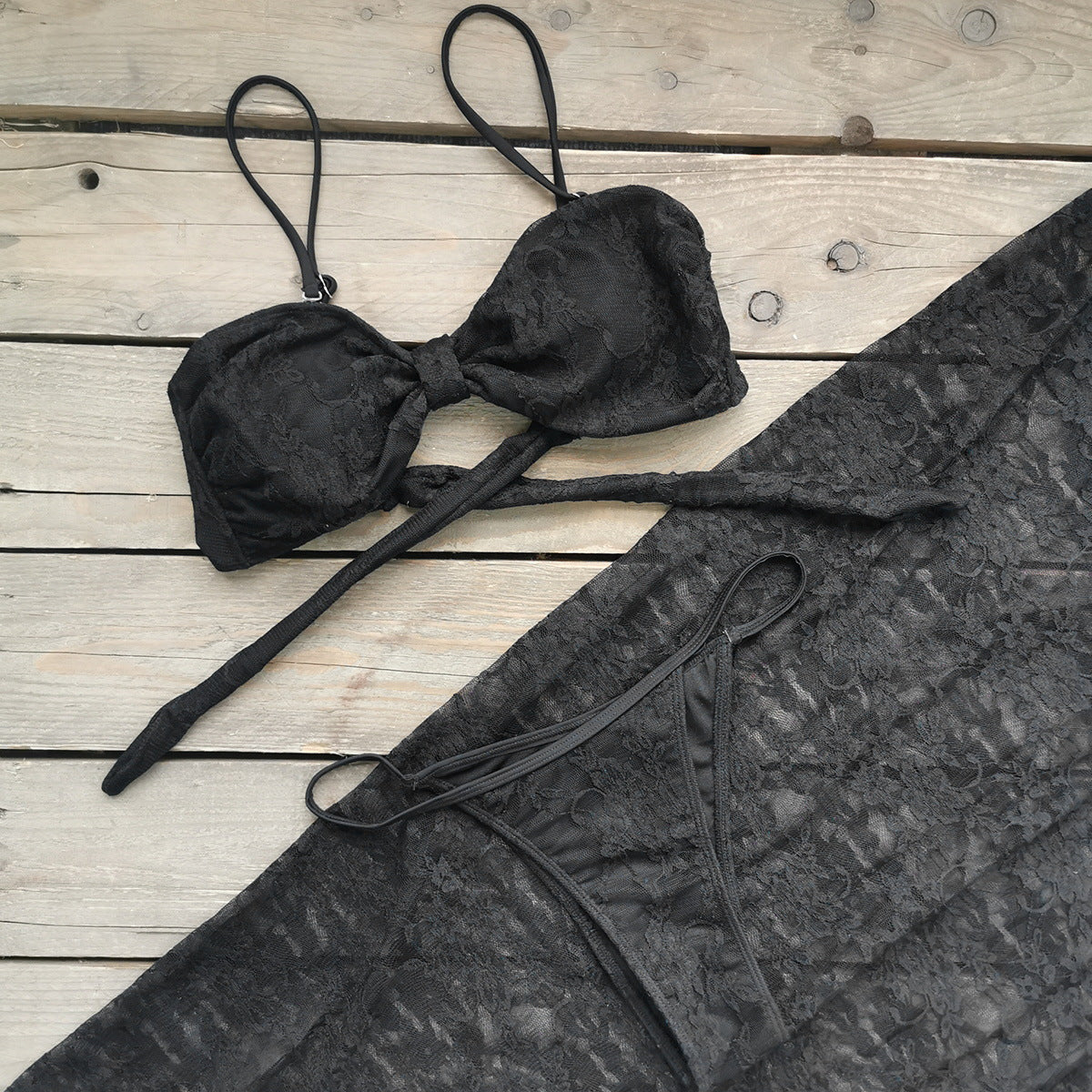 Pure Black Triangle Banded Bikini Low Waist Split Swimsuit Women Sexy Skirt Three Piece Sets