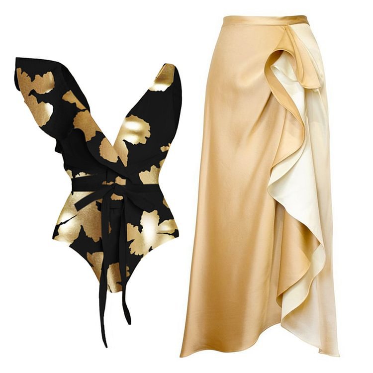 Black Gold High Grade Ruffled Lace up One Piece Swimsuit Women Skirt Slimming Two Piece Sets