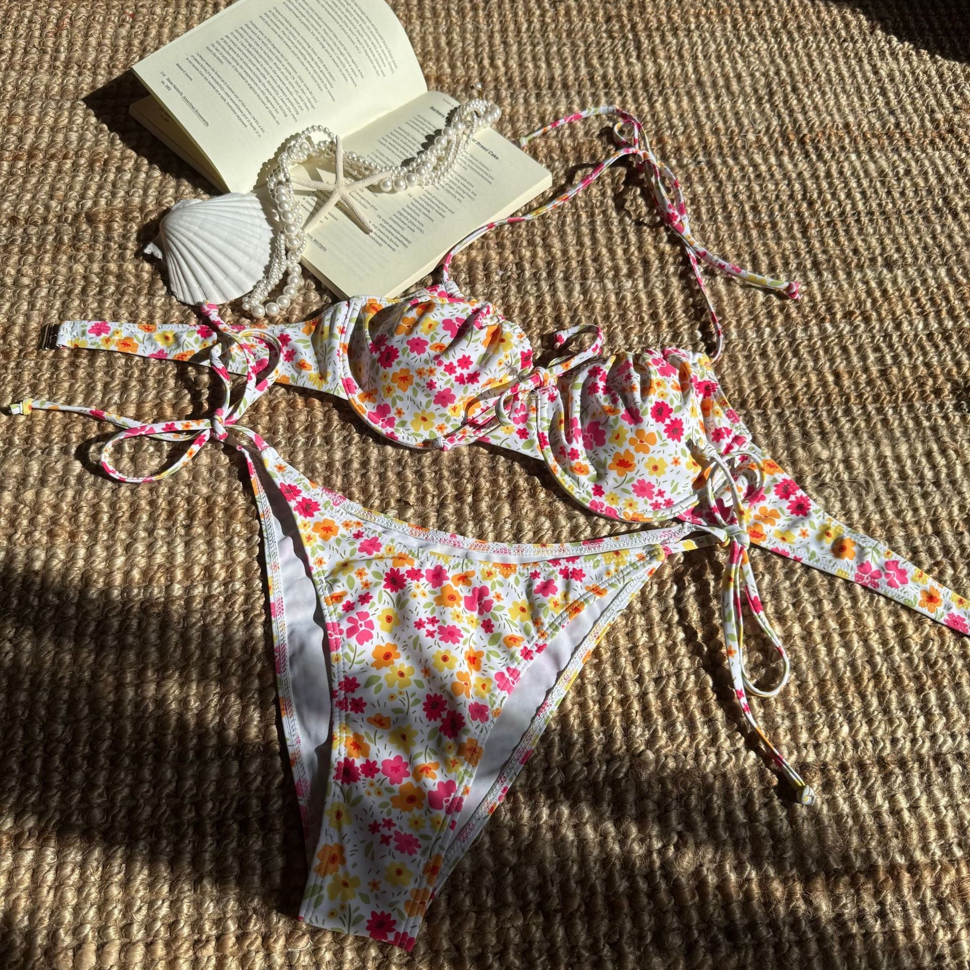 Fresh Floral Printed Sexy Banded Bikini Split Swimsuit Bikini