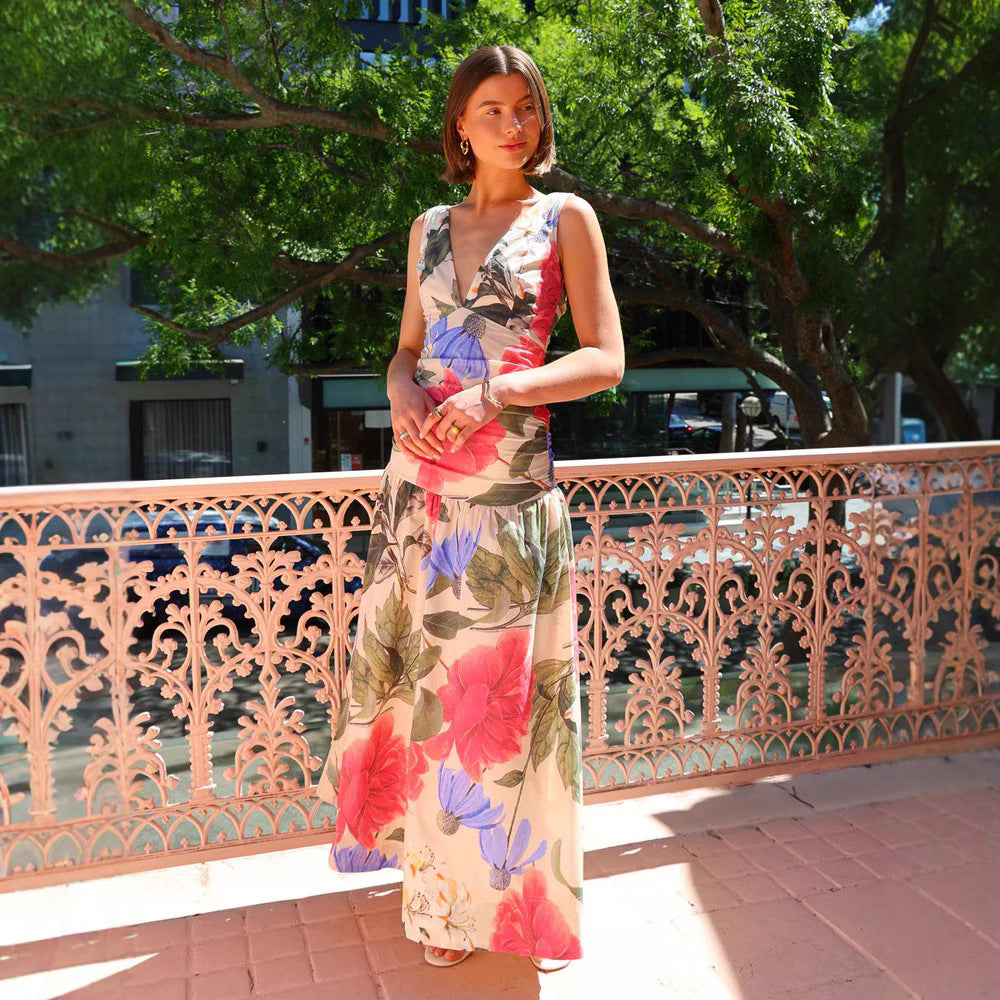 Spring Summer Maxi Dress Internet Celebrity Same Printed Waist Controlled V neck Swing Dress
