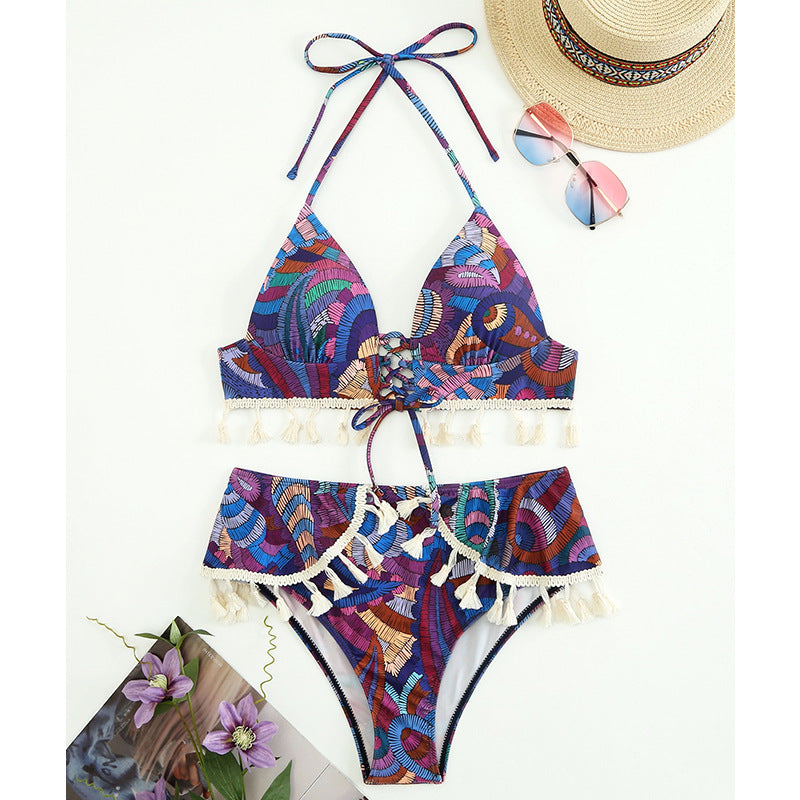 Printed Brazilian Ethnic Halter Lace up Tassel Bikini Women Swimsuit