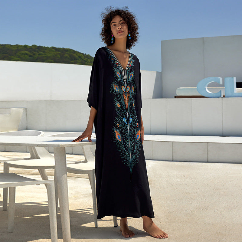 Cotton Printing Vacation Loose Maxi Dress Beach Jacket Maxi Dress Bikini Cover up Blouse