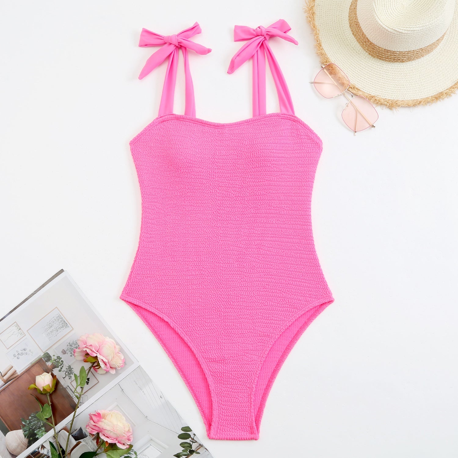 Pleated Wave Cloth One Piece Lace up Swimsuit Swimsuit Bikini