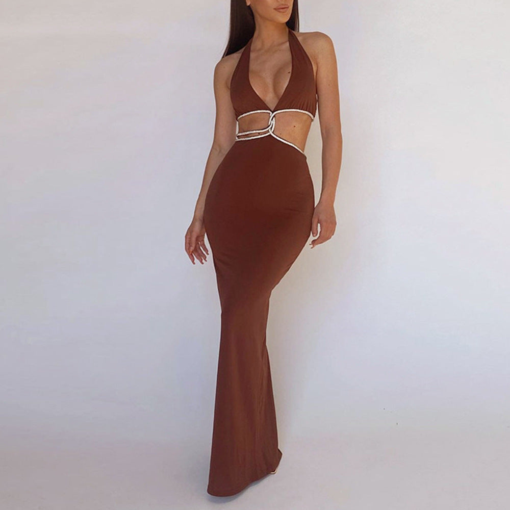Sexy Cropped Outfit Halter Diamond Rope Maxi Dress Women