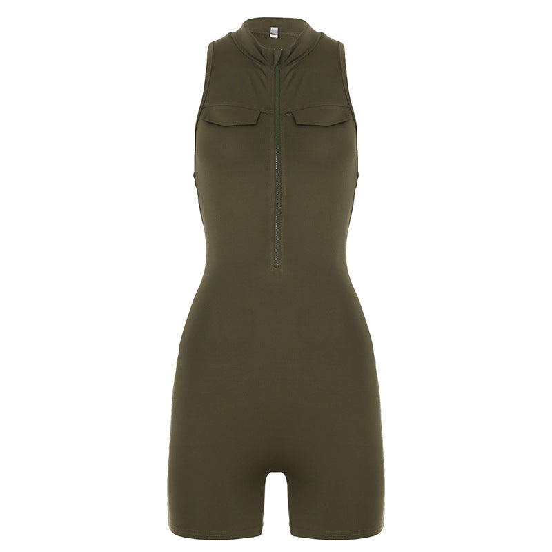 Street Sports Jumpsuit Shorts Stand Collar Zipper Tooling Peach Hip Yoga Fitness One Piece Women