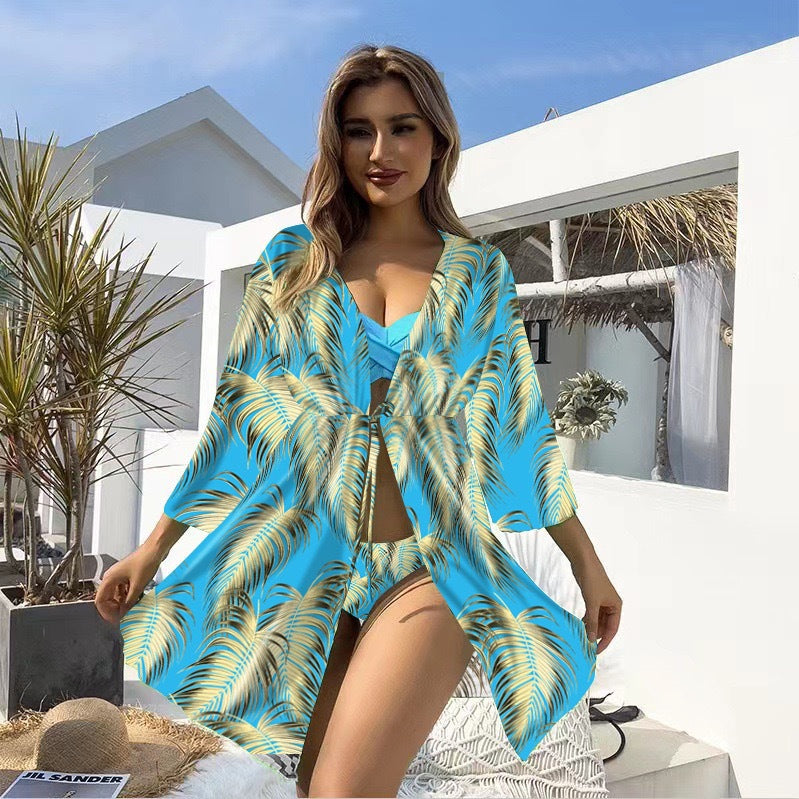 Bikini Three Piece Set Sunscreen Swimwear Mult Color Printed Long Sleeved Swimsuit for Women