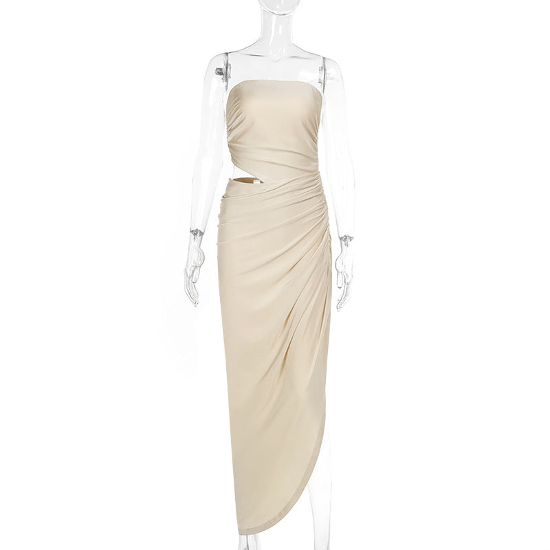 Spring Maxi Dress Elegant Slim Tube Top Hollow Out Cutout Pleated Dress