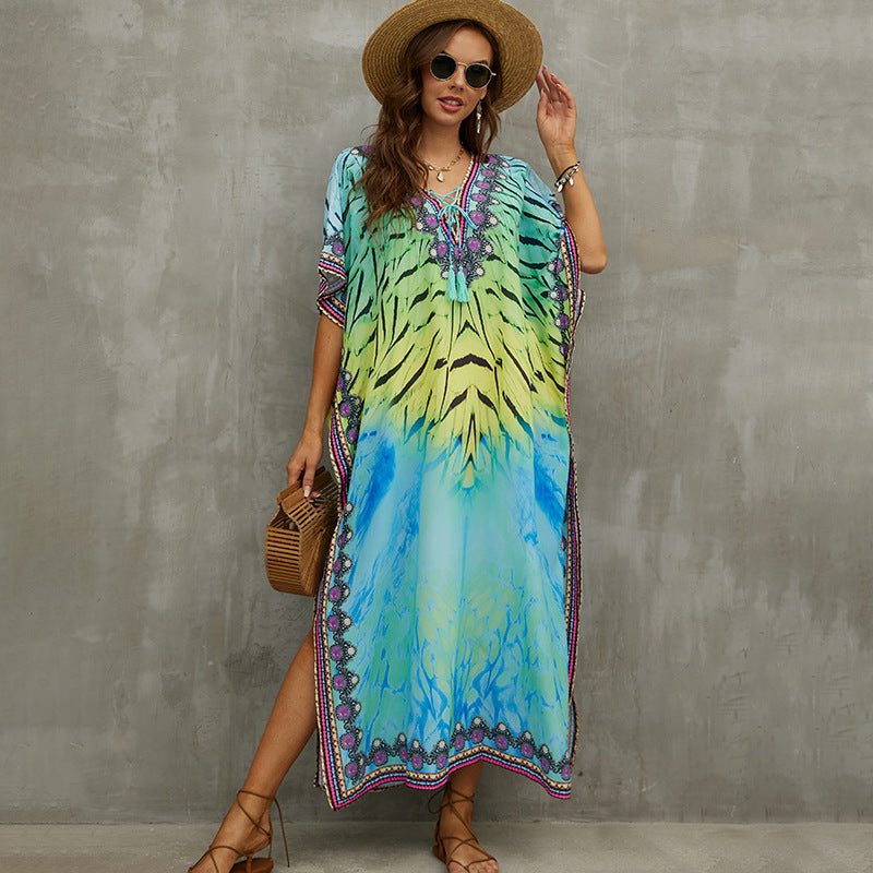 Rope Positioning Maxi Dress Loose Robe Seaside Vacation Beach Dress Bikini Swimsuit Blouse Women