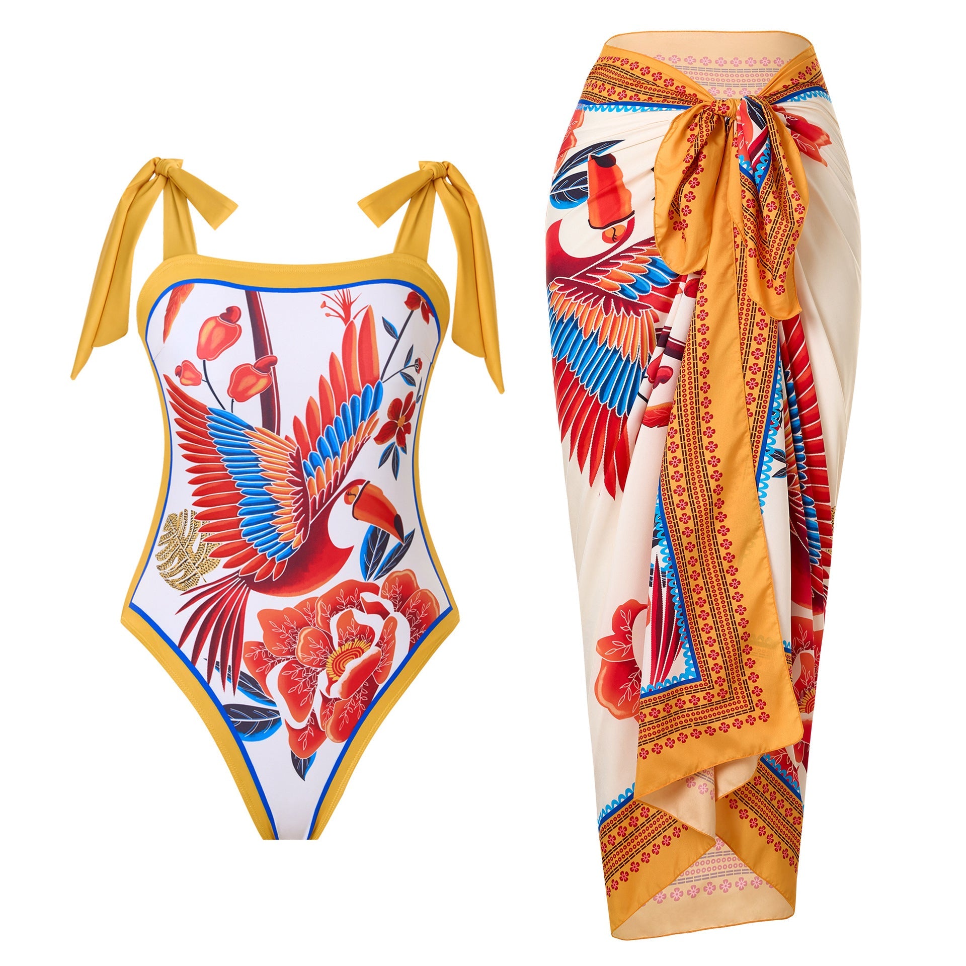Products Retro Printed Swimsuit Women Conservative One Piece Chiffon Two Piece Sets Blouse Swimsuit Outfit