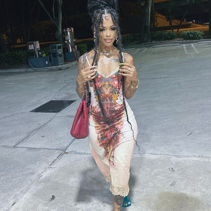 Personalized Printed Lace Lace Spaghetti Strap Dress Spring Slim Fit Maxi Dress