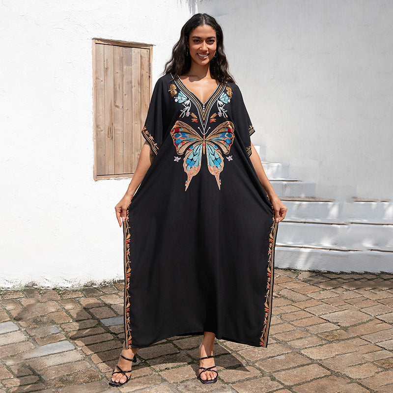 Rayon Embroidered Vacation Loose Beach Maxi Dress Women Beach Cover Up Sun Protective Clothing