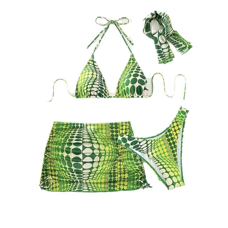 Printed Drawstring Lace Split Four Piece Swimsuit Women Sexy Triangle Bikini