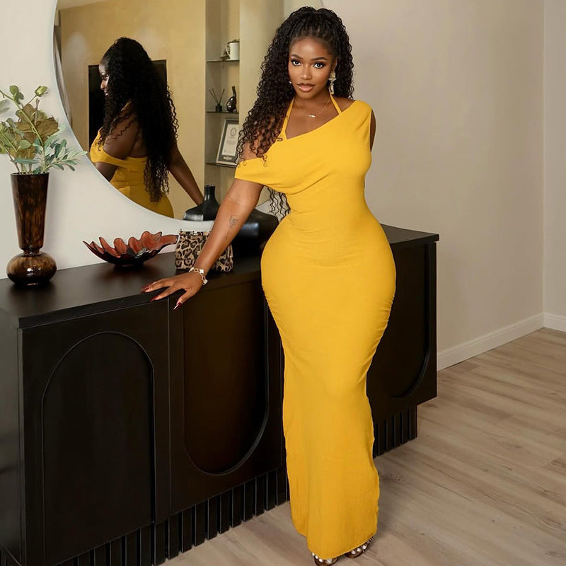 Elegant Women Slim Fit Sheath Elegant One Step Dress Backless Halter Solid Color Split Maxi Dress