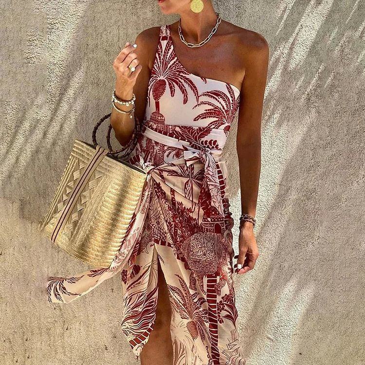 Slant Shoulder Slimming Printed Belt One Piece Swimsuit Women Clothing