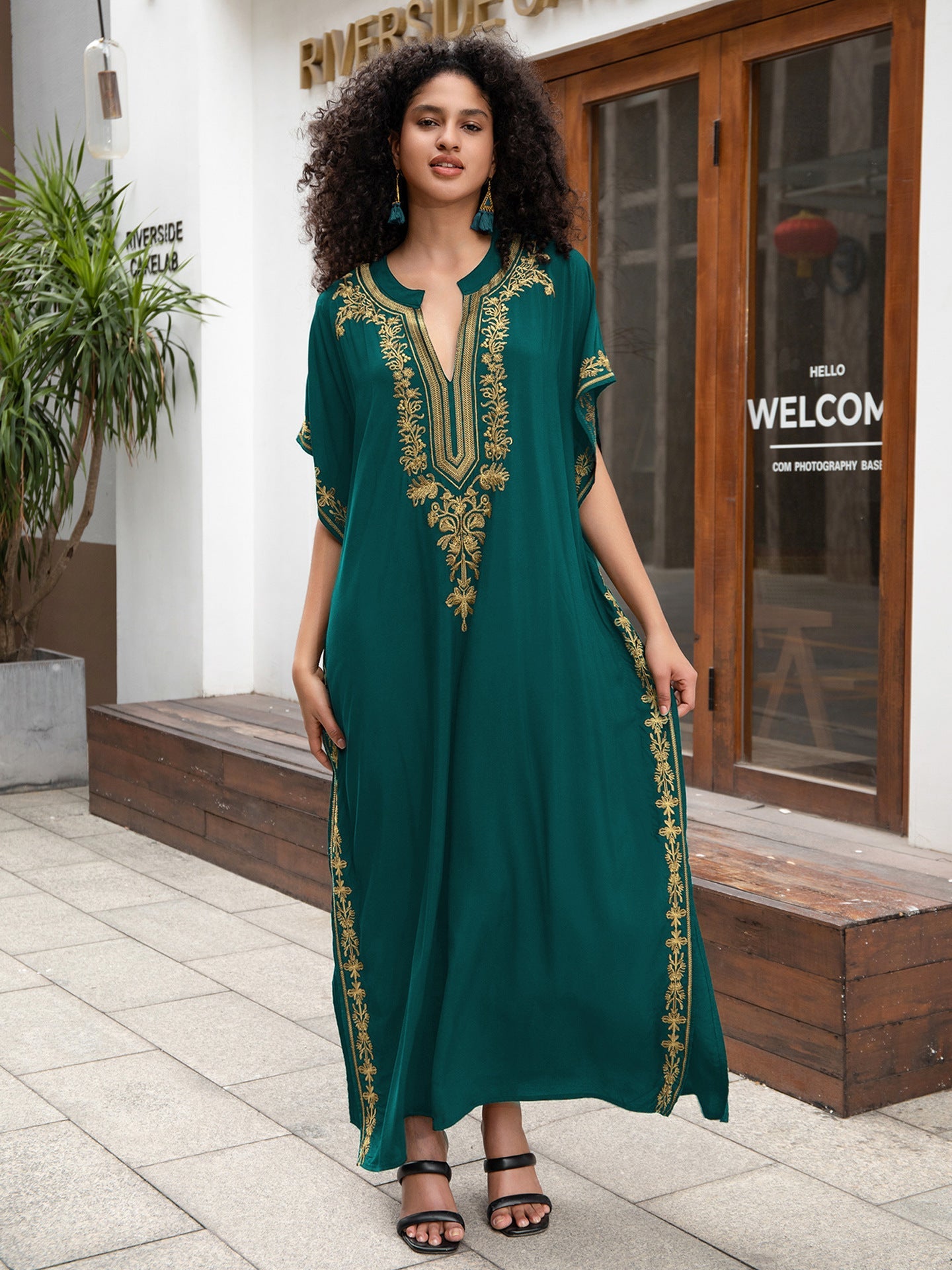 Rayon Embroidered Holiday Loose Jumpsuit Long Robe Beach Sun Protection Maxi Dress Beach Cover Up