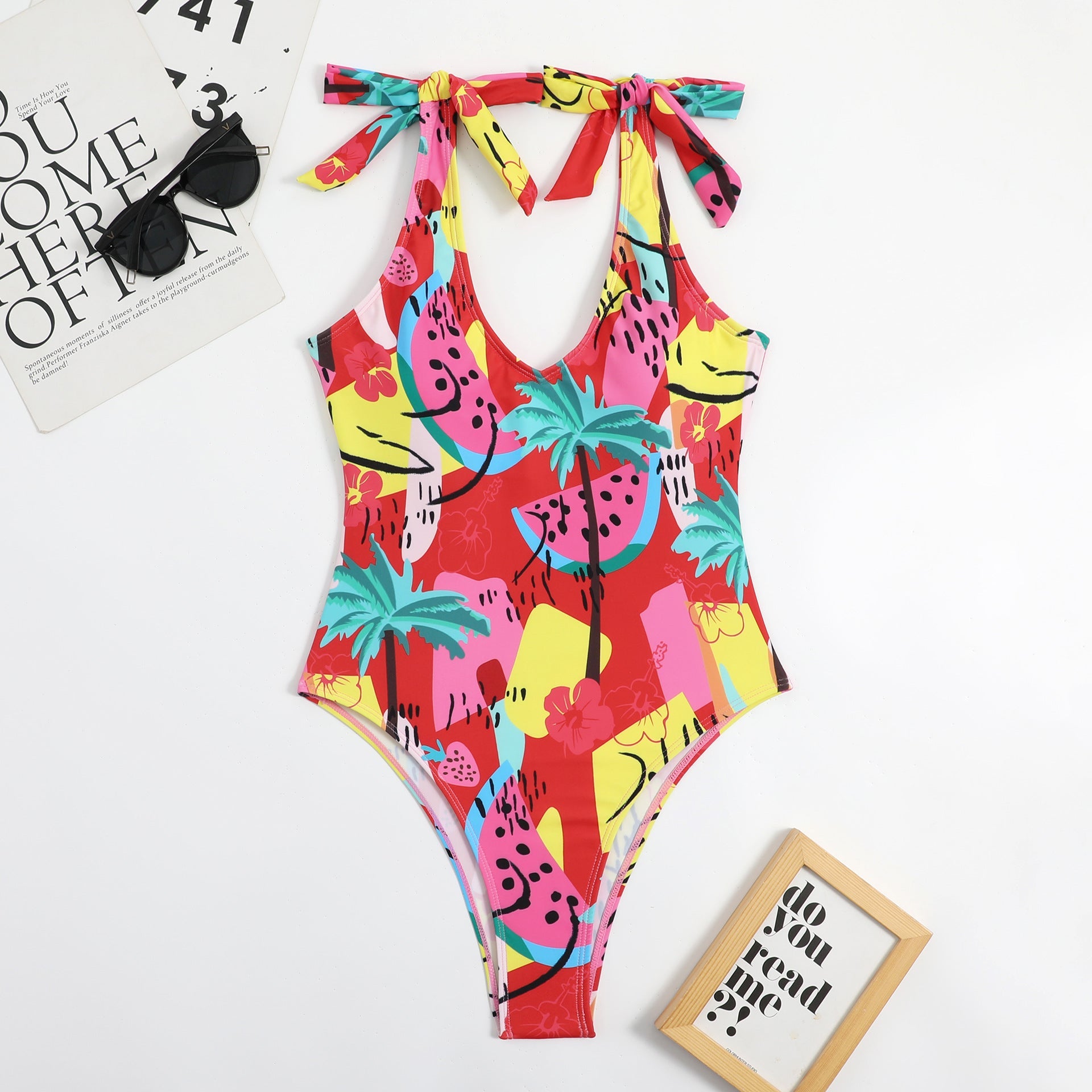 Multi Color Printed Heart Collar Bow Ladies Triangle One Piece Beauty Back Sexy Swimsuit Bikini
