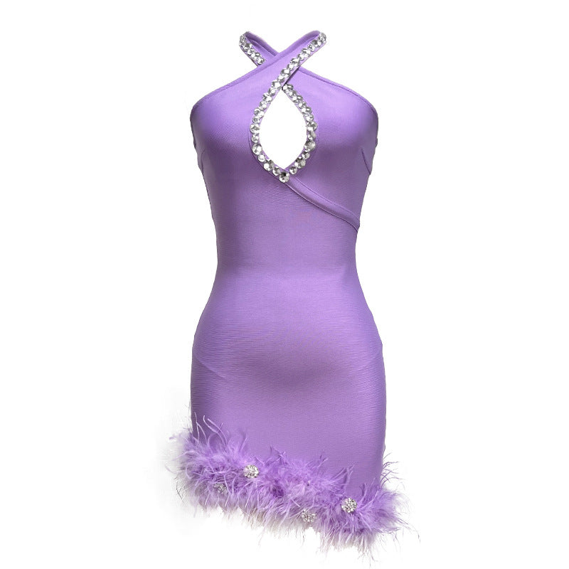 Sexy Halter Diamond Feather Stretch Bandage One Piece Dress Party Dress