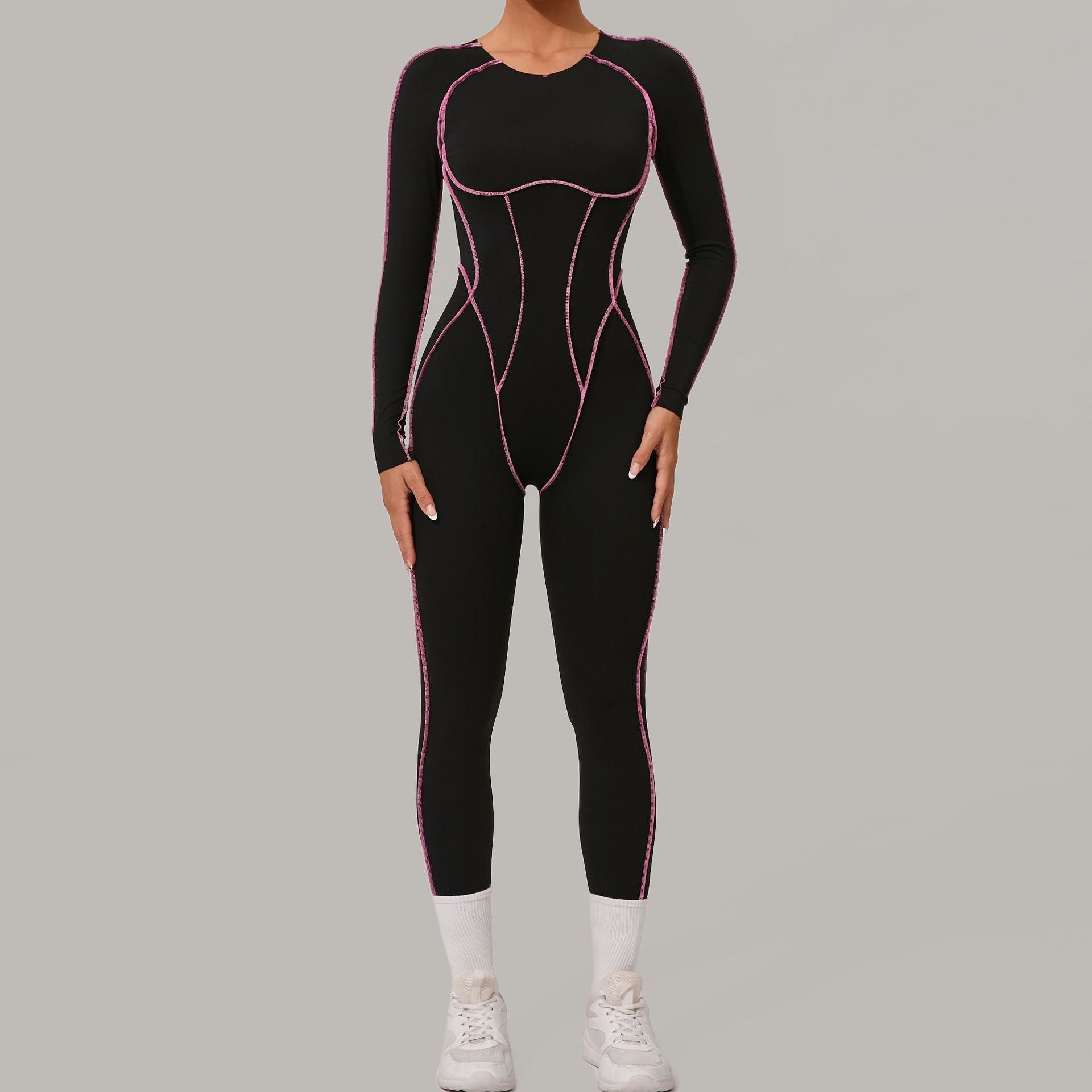 Three Dimensional Cut Color Matching Long Sleeve Yoga Jumpsuit High Strength Fitness Sports One Piece Tights