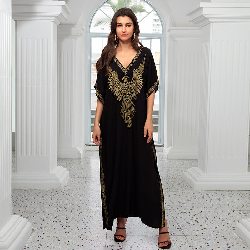 Cotton Printing Vacation Loose Maxi Dress Beach Jacket Maxi Dress Bikini Cover up Blouse