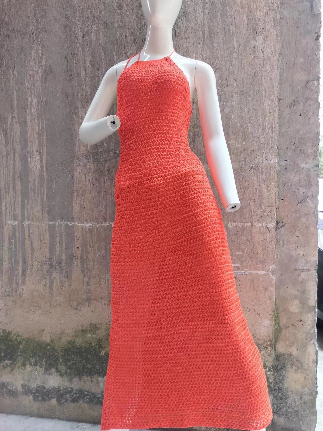 Halter Backless Maxi Dress Knitted Sleeveless Beach Bohemian Long Hollow Out Cutout Dress Women