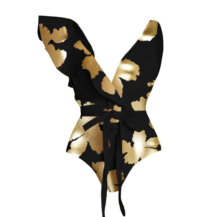 Black Gold High Grade Ruffled Lace up One Piece Swimsuit Women Skirt Slimming Two Piece Sets