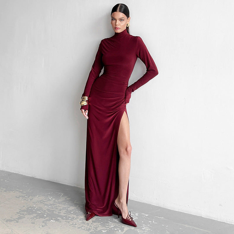 Women Clothing High Collar Slim Fit Long Sleeves High Slit Elegant Maxi Dress