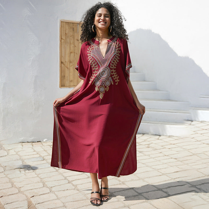 Rayon Embroidered Robe Women Embroidered Vacation Loose Beach Jacket Maxi Dress Beach Cover Up