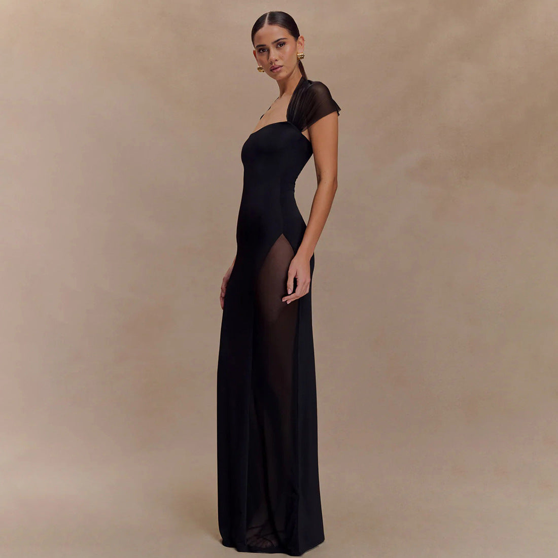 Summer Sexy Tight Waist See through Maxi Dress Elegant Shoulder Baring Solid Color Dress Women Clothing