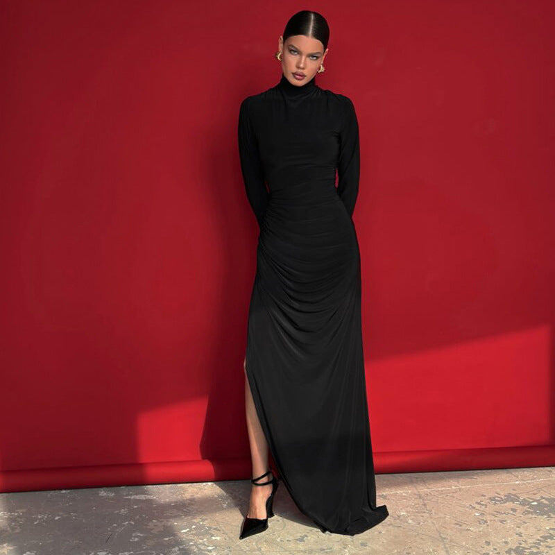 Women Clothing High Collar Slim Fit Long Sleeves High Slit Elegant Maxi Dress