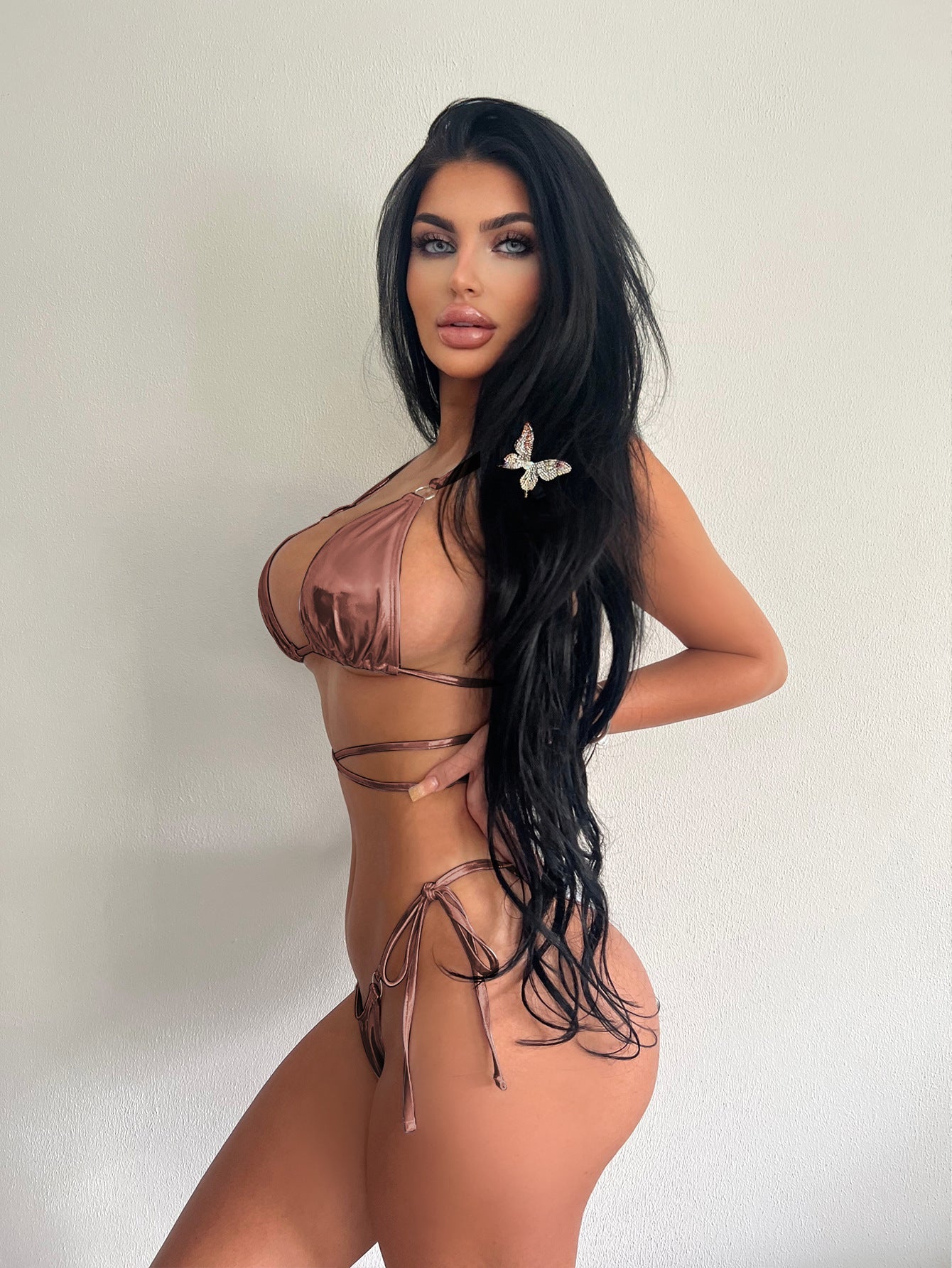 Bikini Bronzing Solid Color Tied Split Swimsuit Women Backless Lace up Bikini