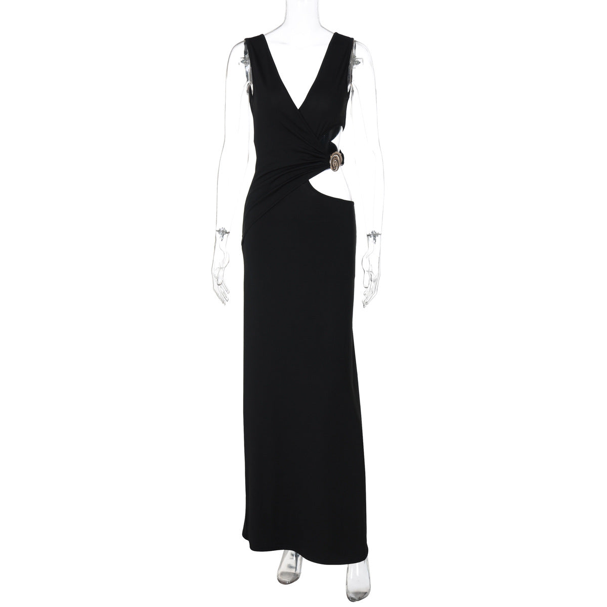 Summer Women Clothing Solid Color V neck Maxi Dress Sexy Cutout Sheath Dress Women
