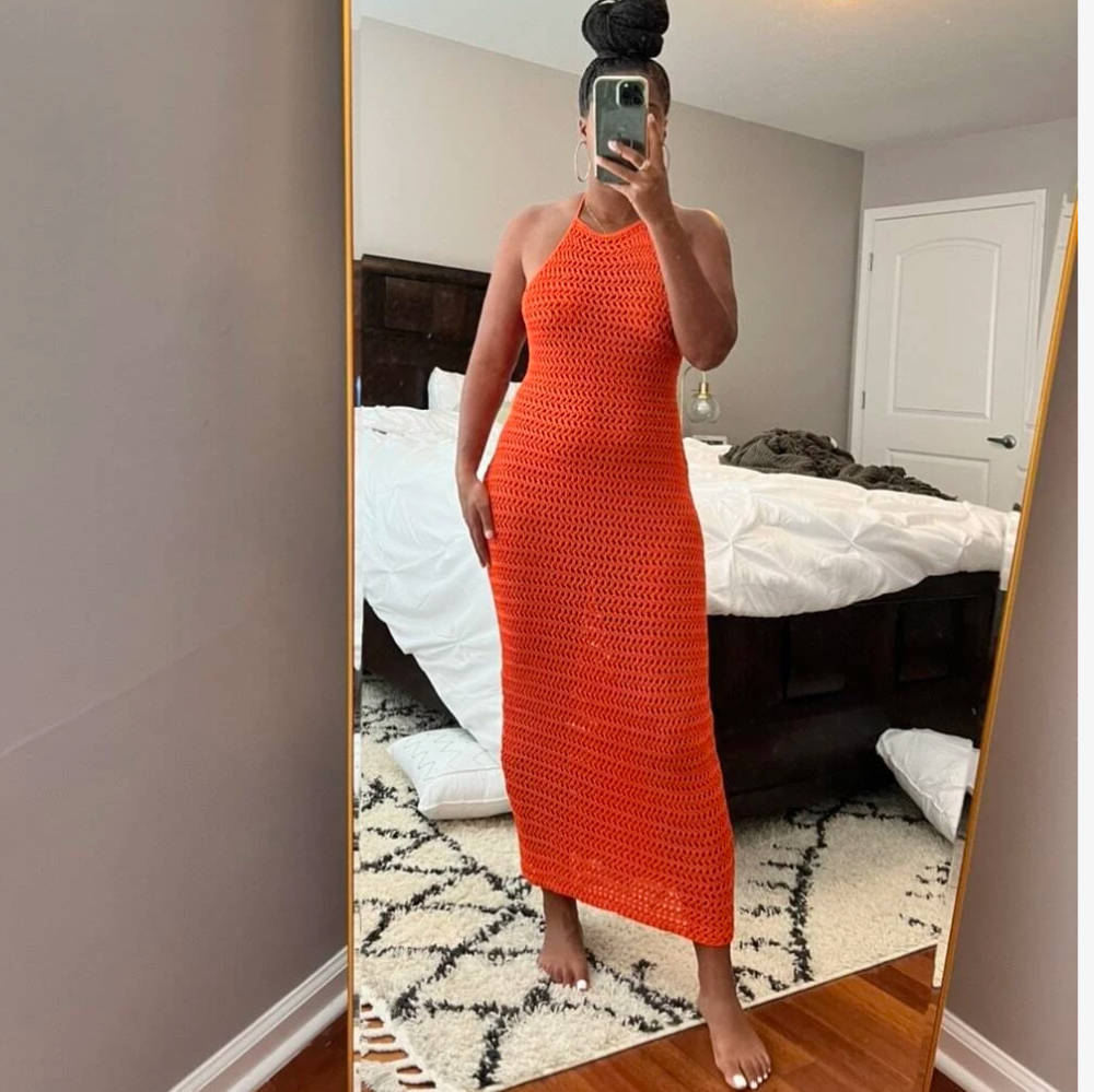 Halter Backless Maxi Dress Knitted Sleeveless Beach Bohemian Long Hollow Out Cutout Dress Women