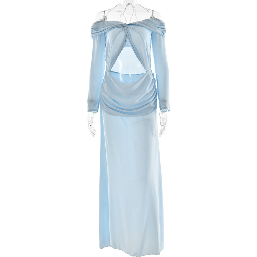 Summer Arrival Twisted Chiffon off Shoulder Maxi Dress Sexy Cropped Pleated Dress