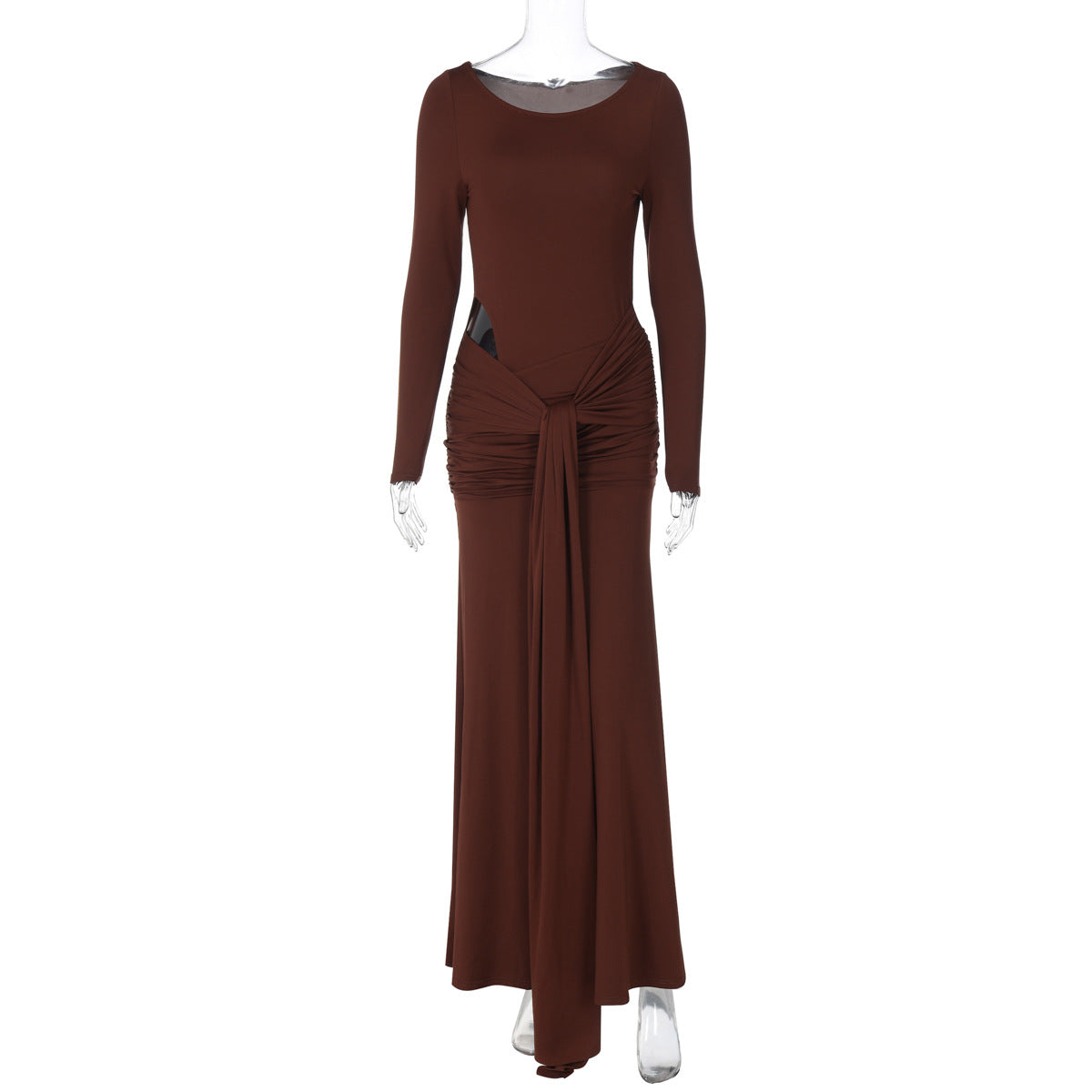 Women Clothing Autumn Solid Color round Neck Long Sleeve Waist Hollow Out Cutout out Strap Slim Maxi Dress