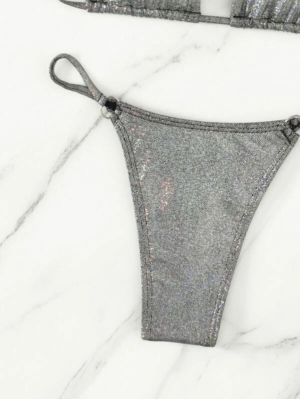 Sexy Three Piece Bikini Silver Thin Glittering Special Fabric Lace up Women Swimsuit