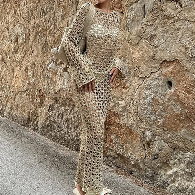 Women Clothes Sexy Hollow Out Cutout Long Sleeved round Neck Maxi Dress Holiday Beach Overskirt Crochet hook