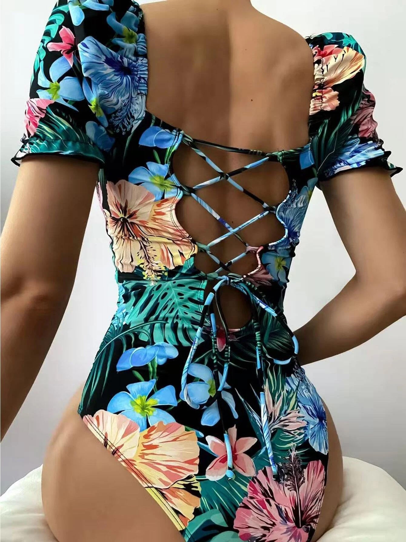 Swimsuit Women Printed Floral Triangle One Piece Printed Bikini Tied Swimsuit