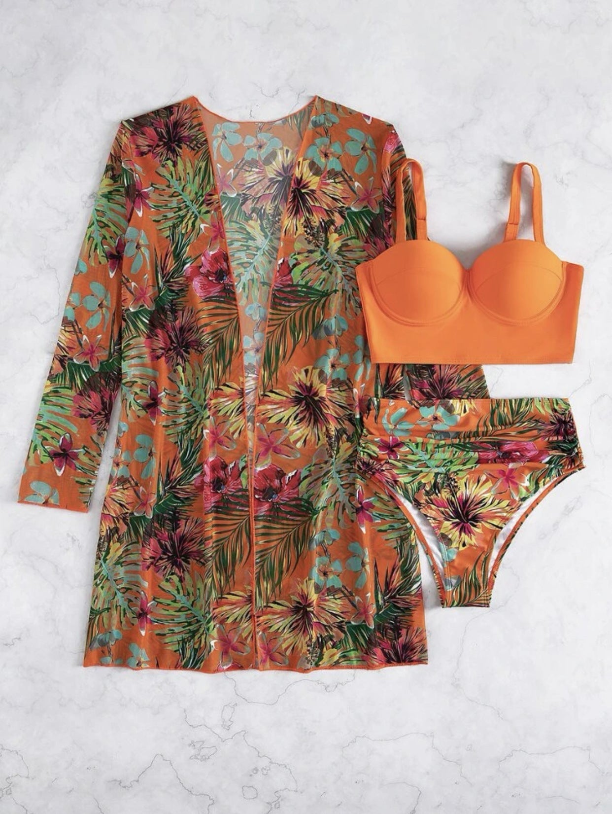 Sexy Mesh Bikini Three Piece Push up Split Printed Swimsuit for Women