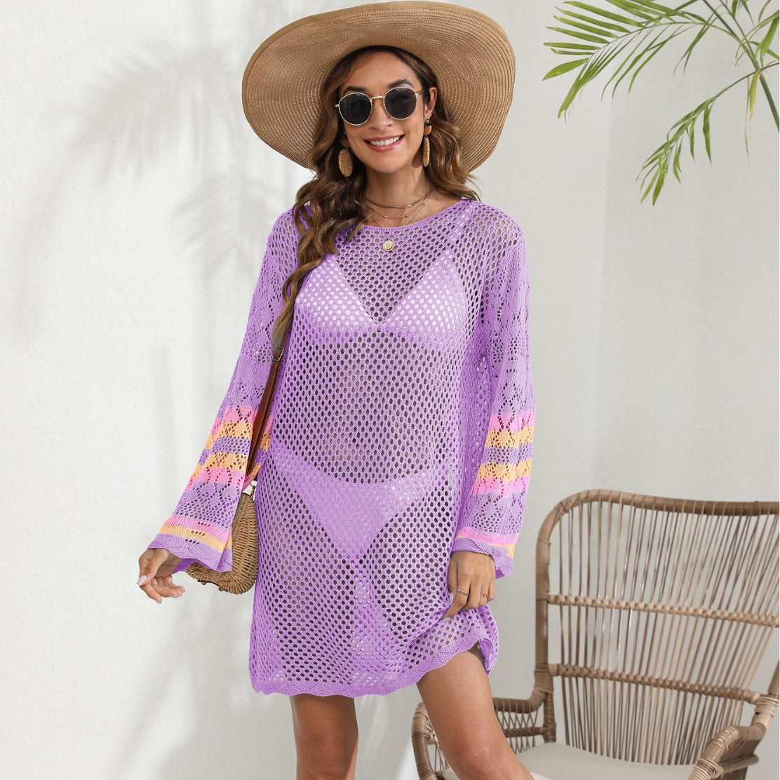 Women Beach Vacation Blouse Women's Clothing Color Contrast Patchwork Bikini Cover up Dress