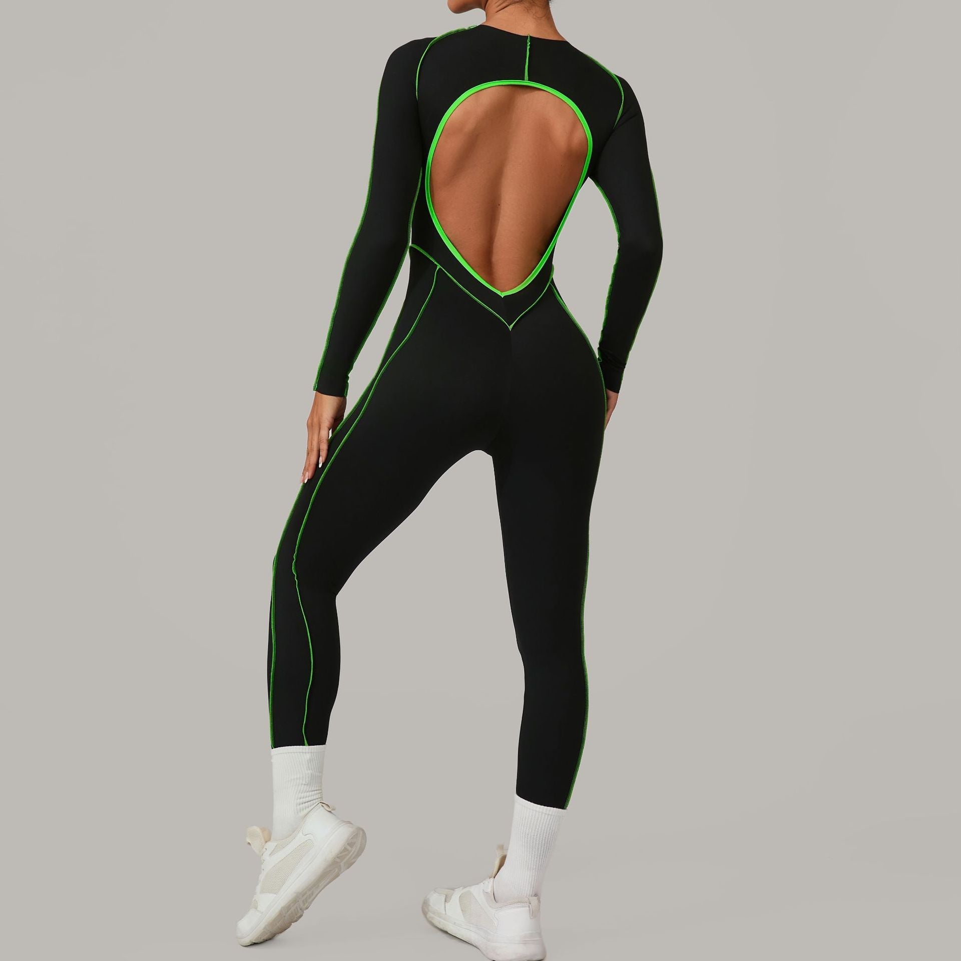Three Dimensional Cut Color Matching Long Sleeve Yoga Jumpsuit High Strength Fitness Sports One Piece Tights