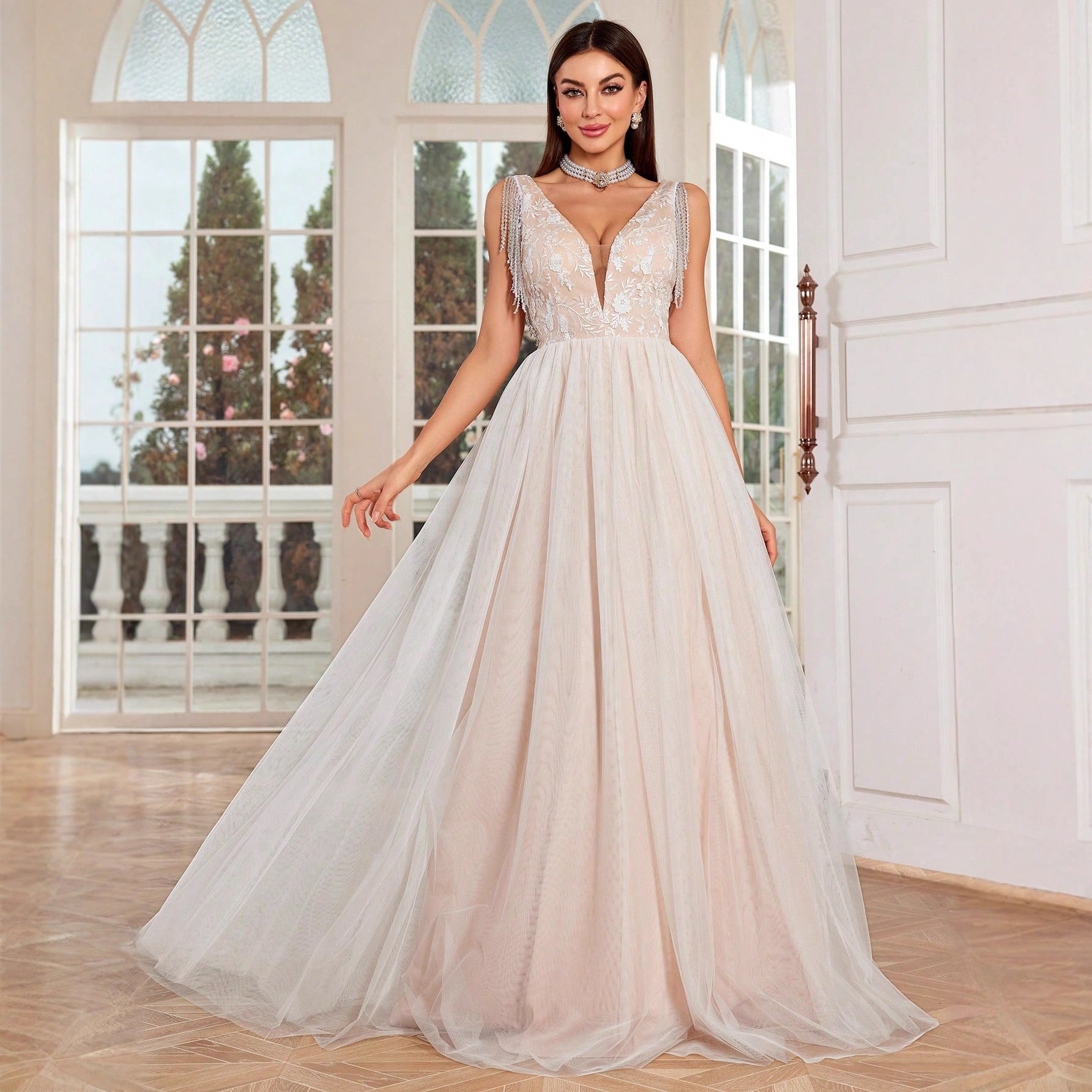 Shoulder Deep V Plunge neck Lace Maxi Dress out Light Wedding Lawn Wedding Trip Shoot Dance Party Evening Dress