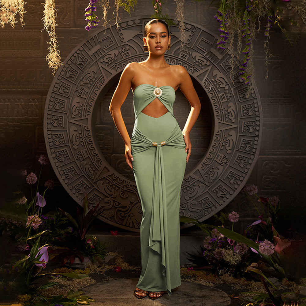 Summer Sexy Package Hip Maxi Dress Sexy Tube Top Solid Color Pleated Dress