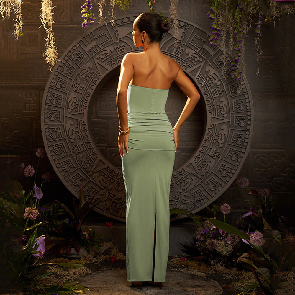 Summer Sexy Package Hip Maxi Dress Sexy Tube Top Solid Color Pleated Dress