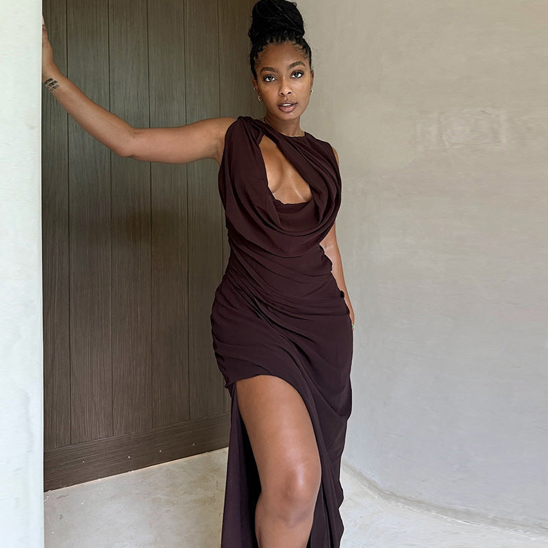 Personalized Pleated Hollow Out Cutout Solid Color Tight Crew Neck Split Maxi Dress Loose Elegant Women Clothing