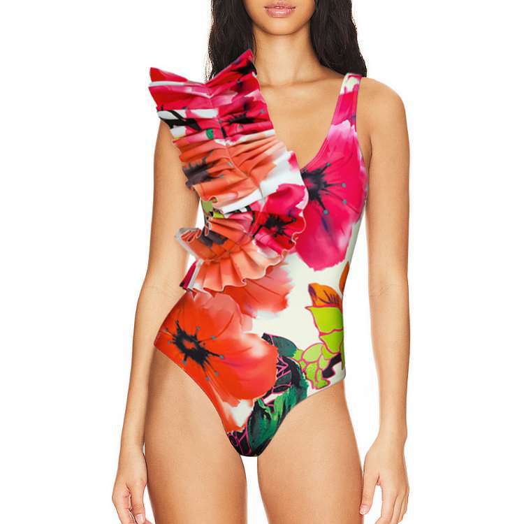 Sexy Swimsuit Women Bikini Flounce Printed Swimsuit Bikini Mesh Maxi Dress