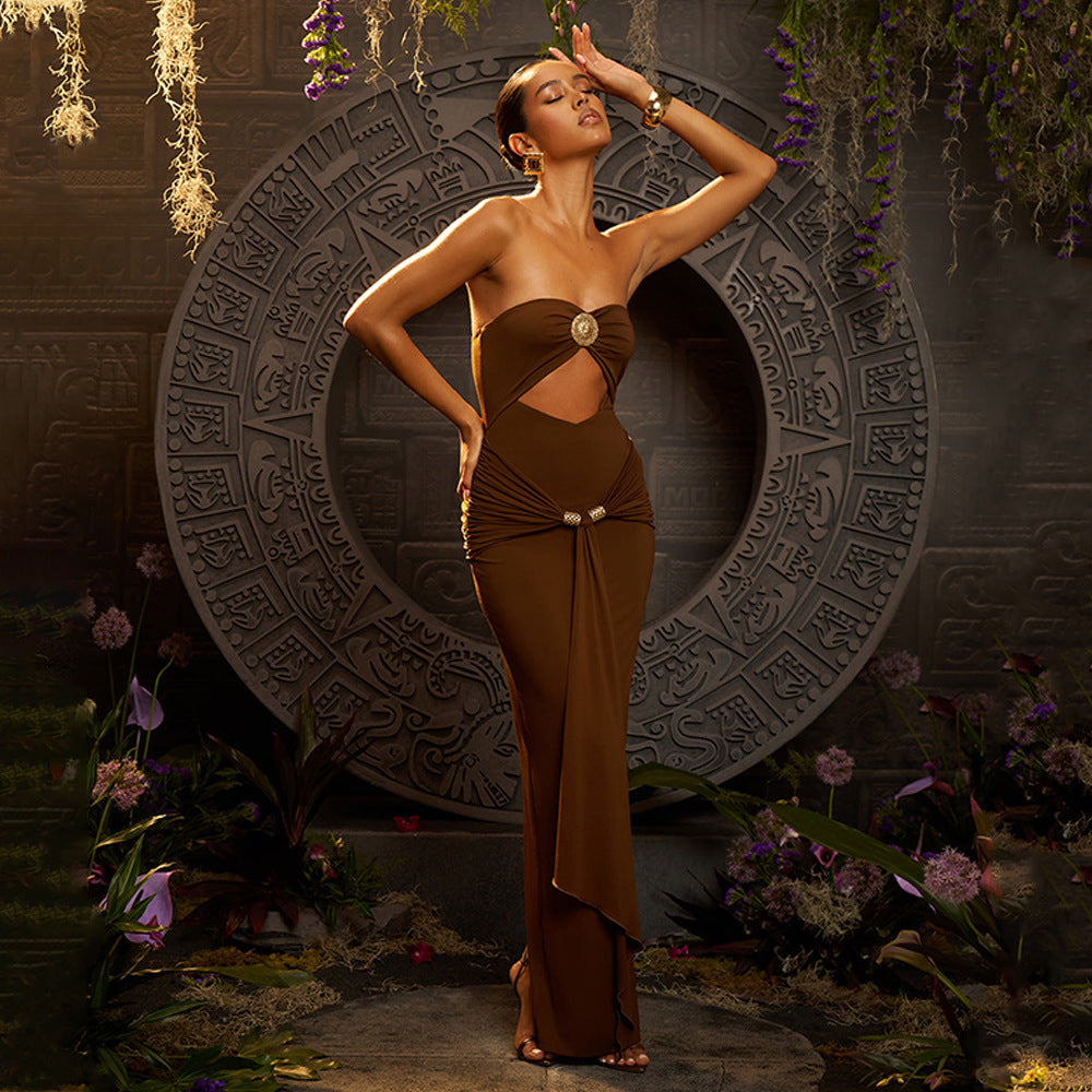 Summer Sexy Package Hip Maxi Dress Sexy Tube Top Solid Color Pleated Dress