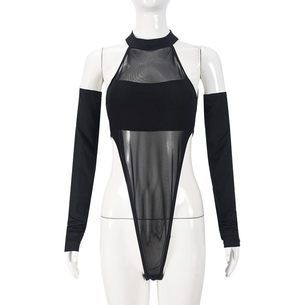 Autumn Winter Sexy Split Long Sleeve Crotch Mesh Hollow Out Cutout High Elastic One Piece Women Top